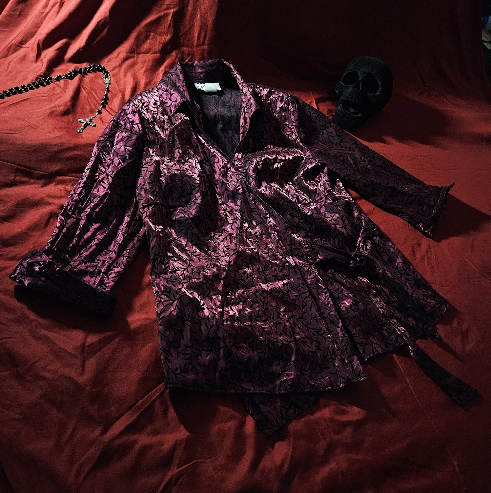 Shimmering Burgundy and Black Floral Blouse